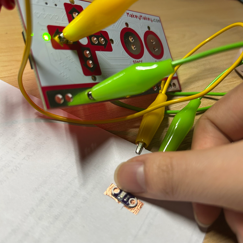 I wanted to see if I could combine the MakeyMakey with the understanding of LEDs from project 1. The LED is able to complete the switch but a power source is needed for the light to work.